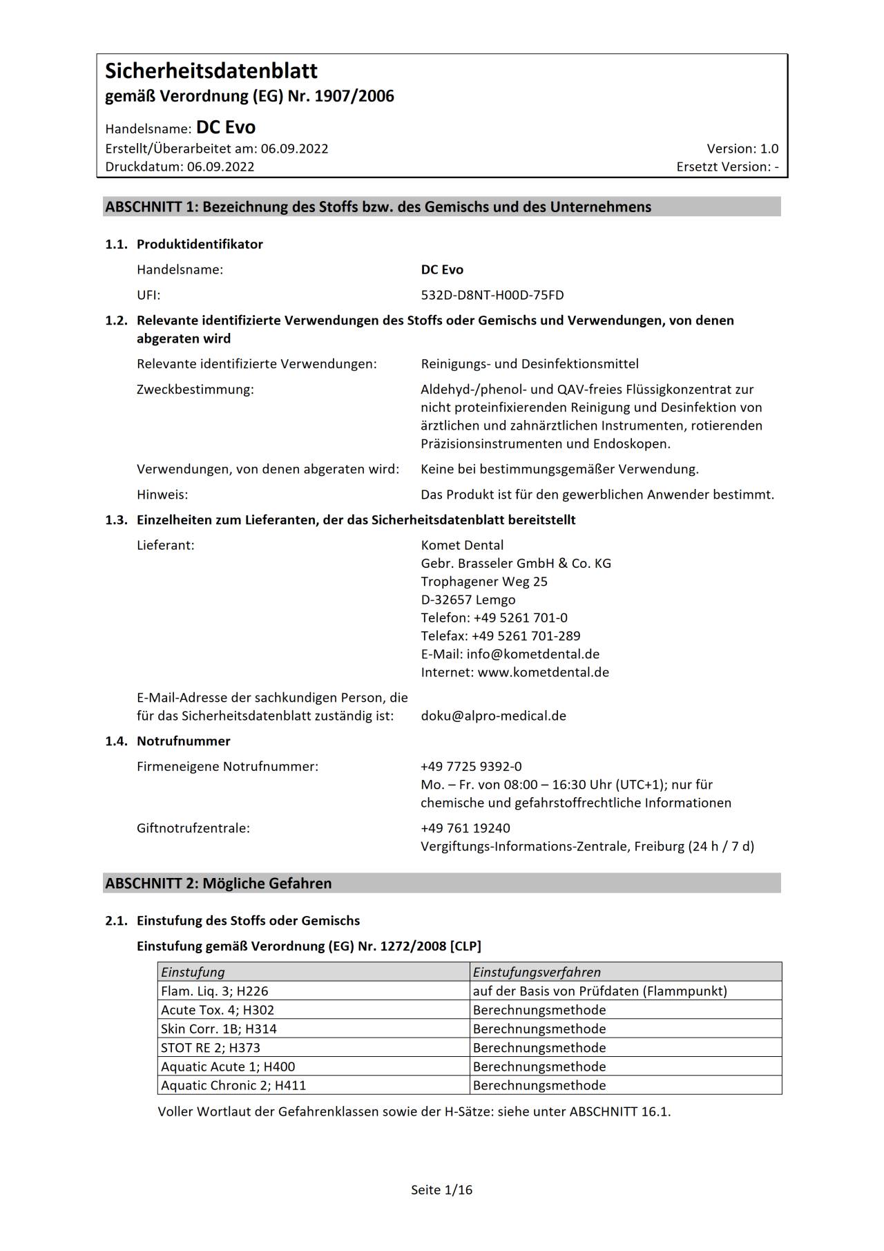 Sicherheitsdatenblatt DC Evo Komet Magazin